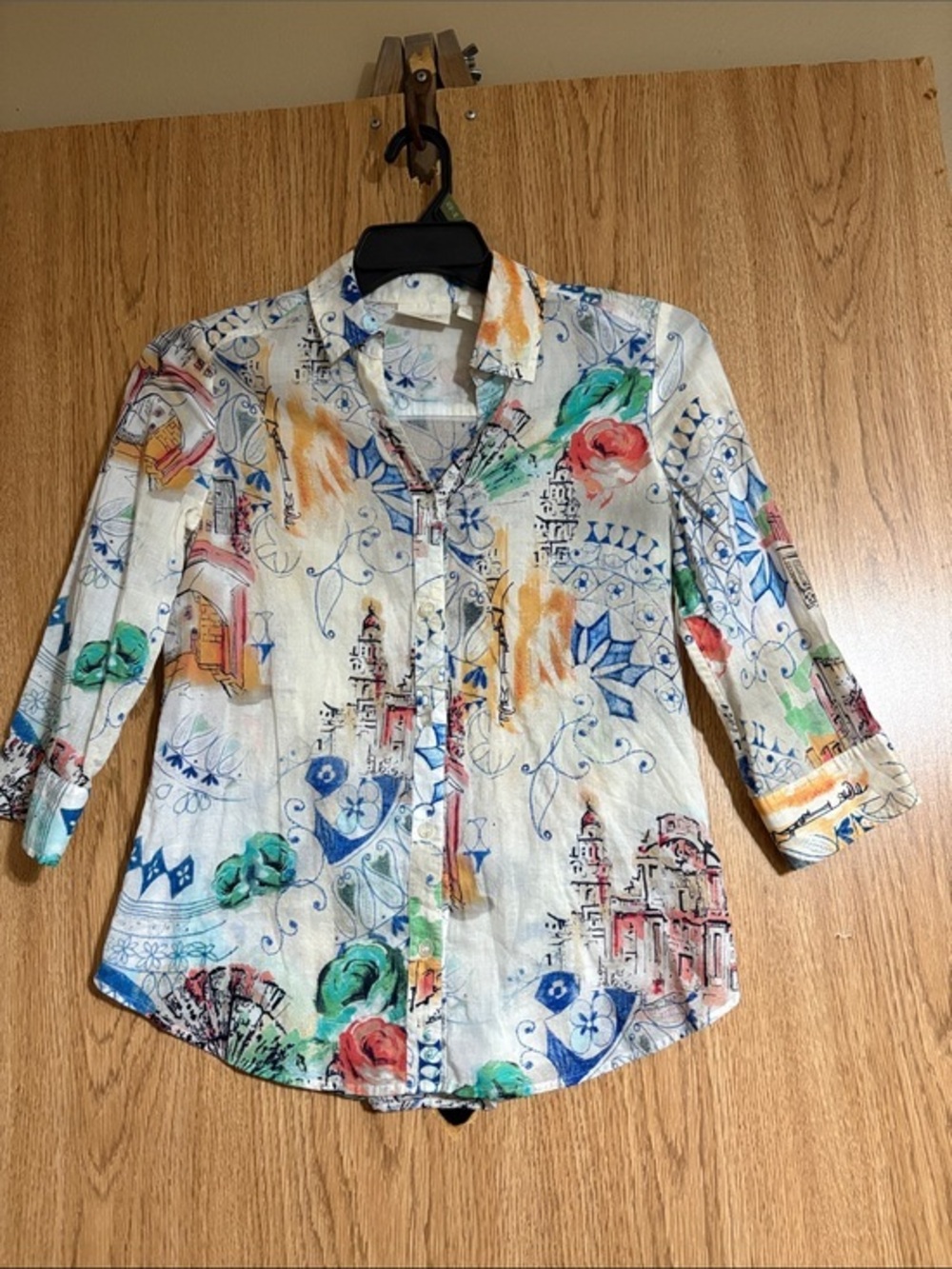 Chico's White Shirt with Blue and Green Watercolor Print 3/4 sleeves